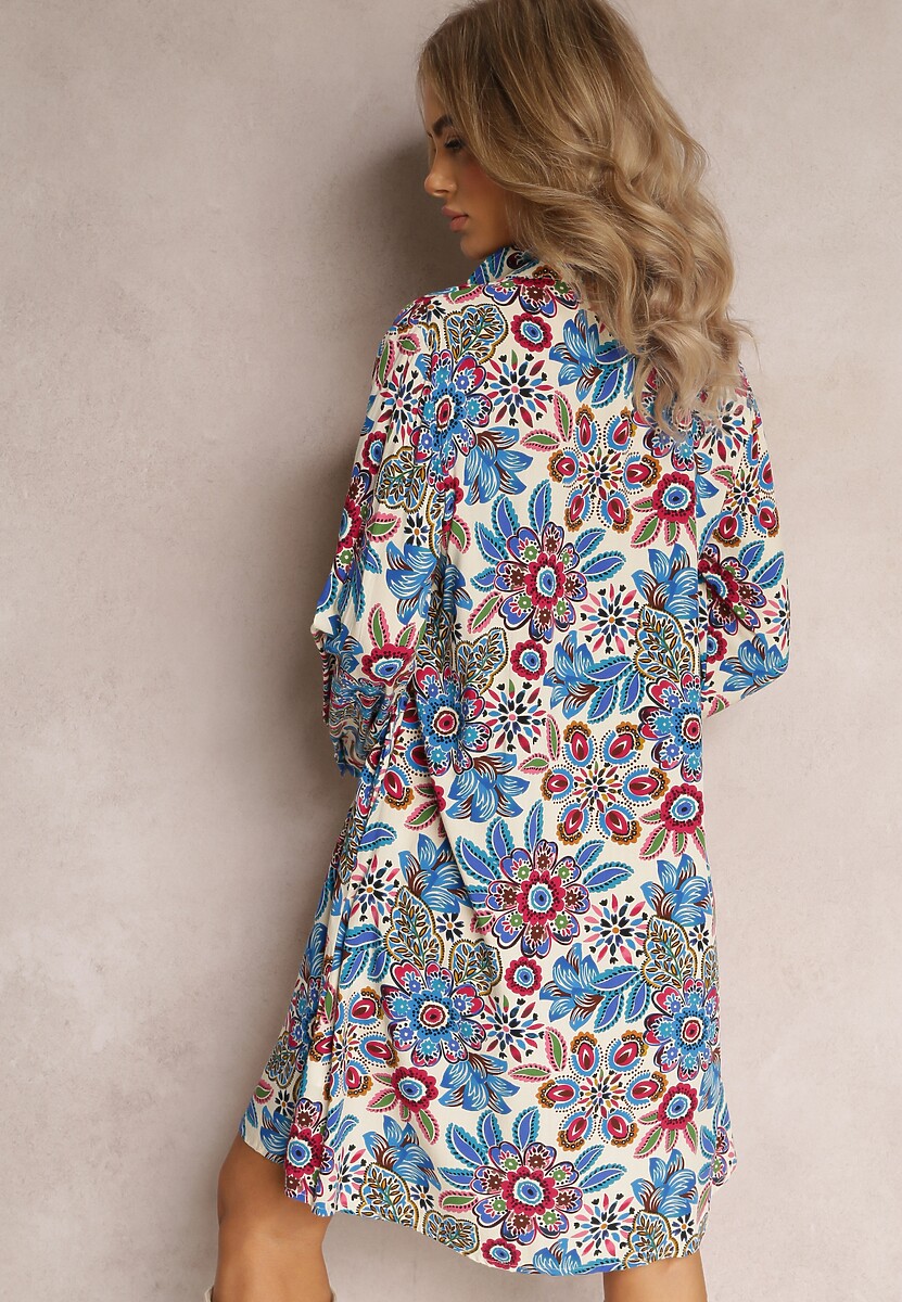 Niebieska Koszulowa Sukienka Midi w Kwiaty Livala