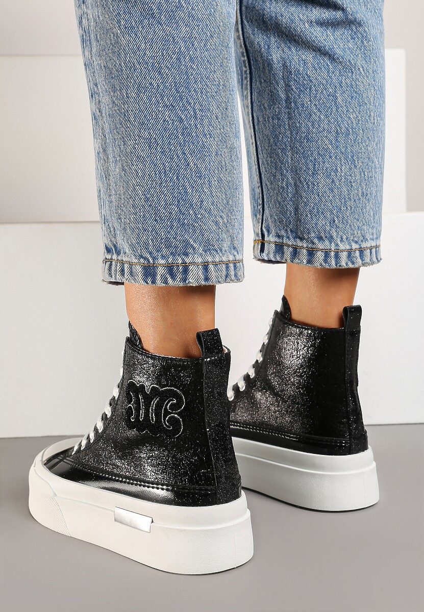 Czarne Trampki za Kostkę na Platformie z Ozdobną Wstawką Mesidra