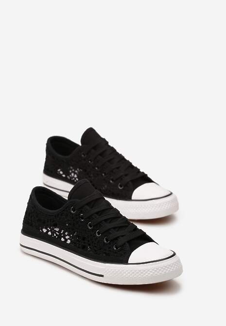 Czarne Trampki z Krótką Ażurową Cholewką Paerina