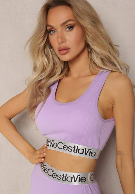 Jasnofioletowy Top Sportowy Biustonosz Elastyczny Prążkowany z Ozdobną Gumą Waslema