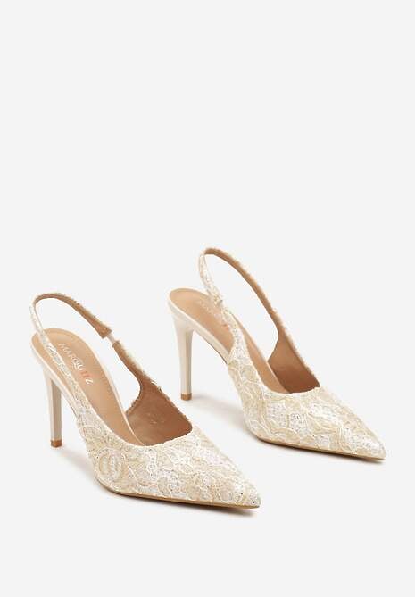 Złote Szpilki ze Szpiczastym Noskiem i Odkrytą Piętą Zdobione Koronką Sanariel