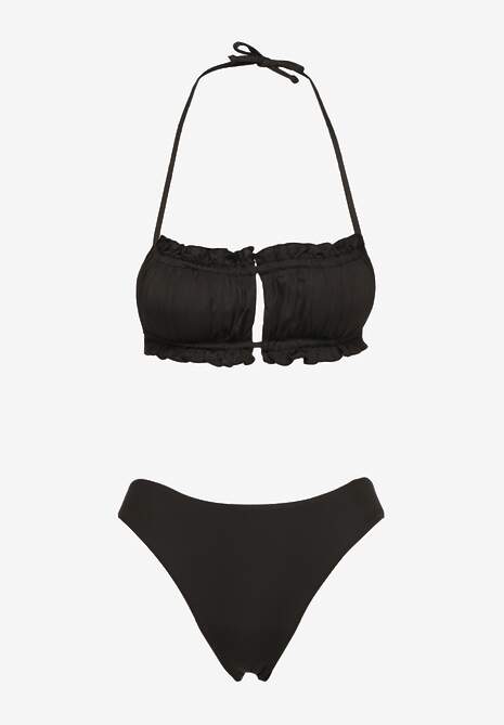Czarne Bikini Majtki Figi Biustonosz z Wiązaniem Ozdobiony Marszczeniem Folinira