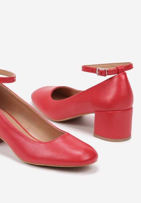 Czerwone Czółenka na Słupkowym Obcasie Zapinane Przy Kostce Argenilia