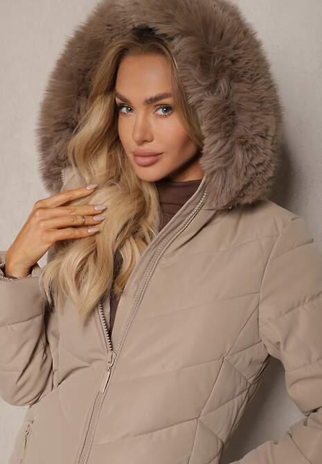 Ciemnobeżowa Długa Kurtka z Pikowanym Wzorem i Odpinanym Futerkiem Raishae