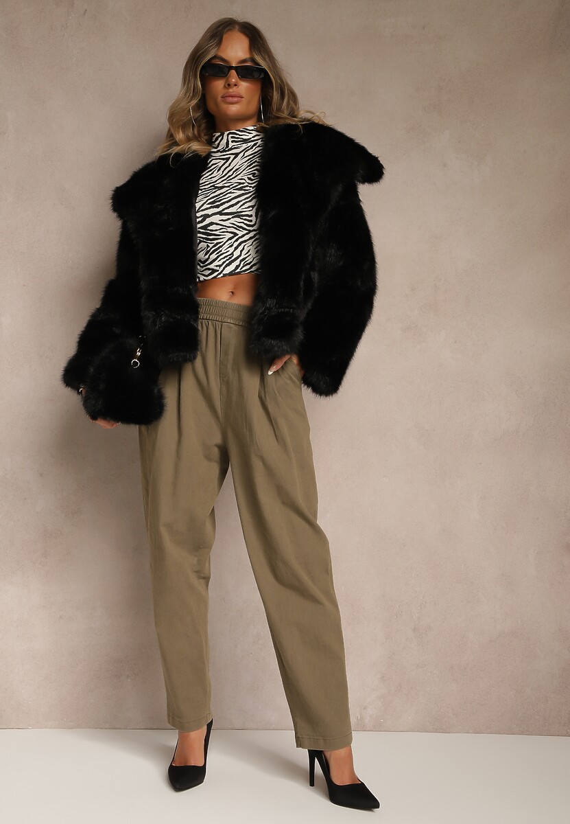 Ciemnozielone Spodnie High Waist z Bawełny o Szerokim Kroju Nalitia