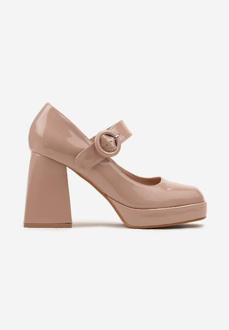 Beżowe Lakierowane Czółenka na Obcasie i Platformie z Ozdobną Sprzączką Adlikra