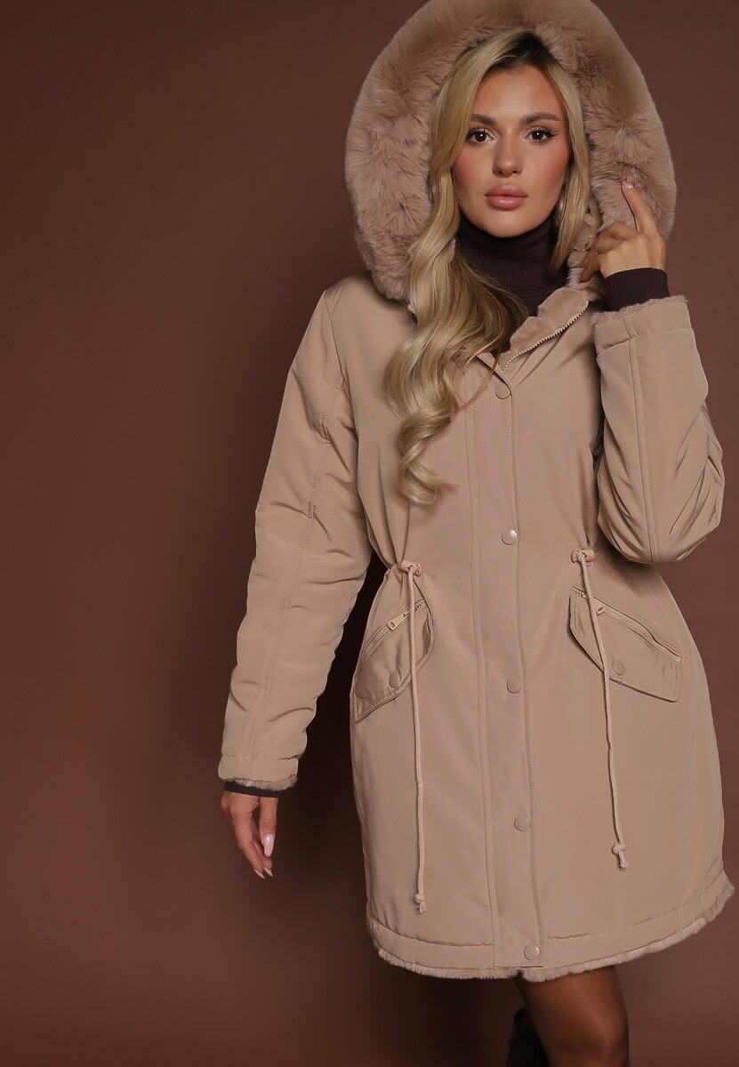 Beżowa Kurtka Parka Dwustronna z Futerkiem i Kapturem Alerisse