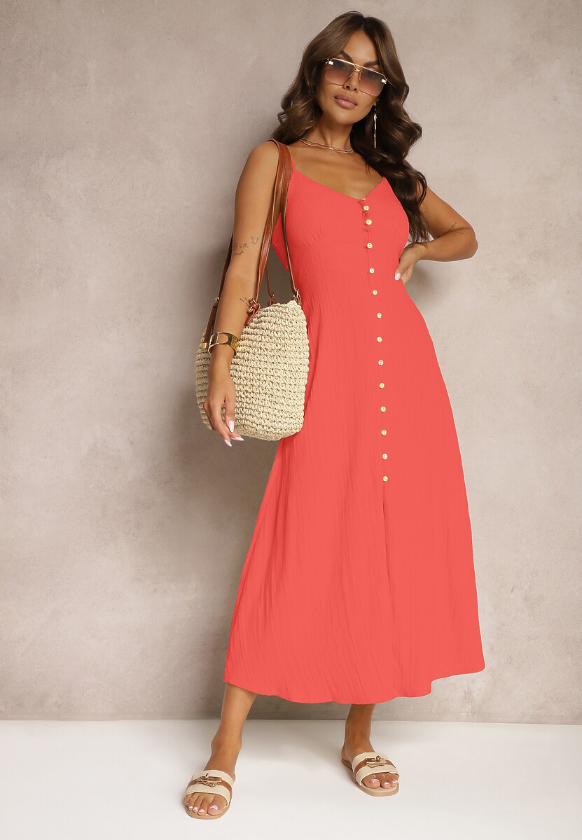 Czerwona Taliowana Sukienka na Guziki na Ramiączkach z Regulacją Quafea