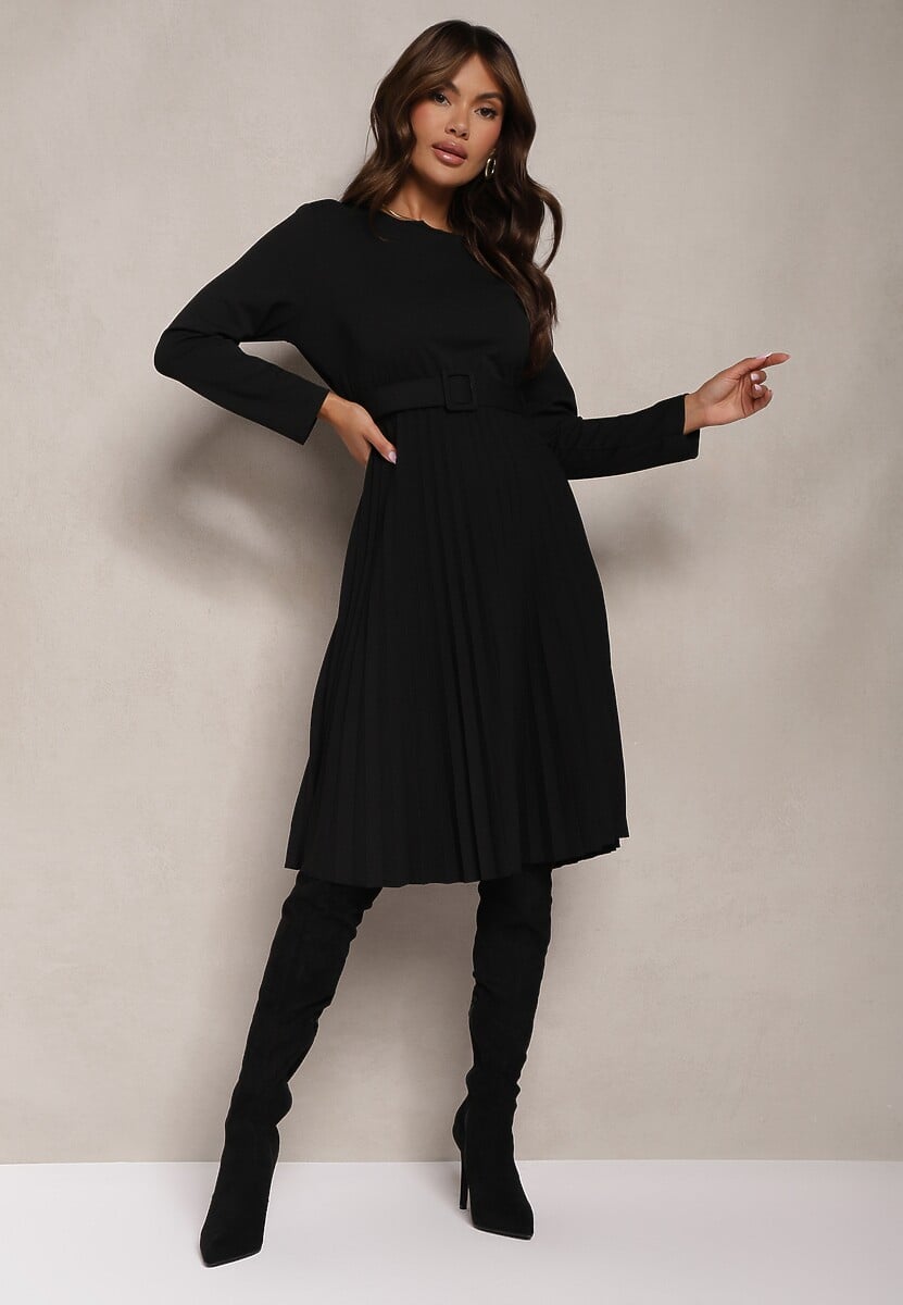 Granatowa Plisowana Sukienka Midi z Paskiem w Talii Pailomena