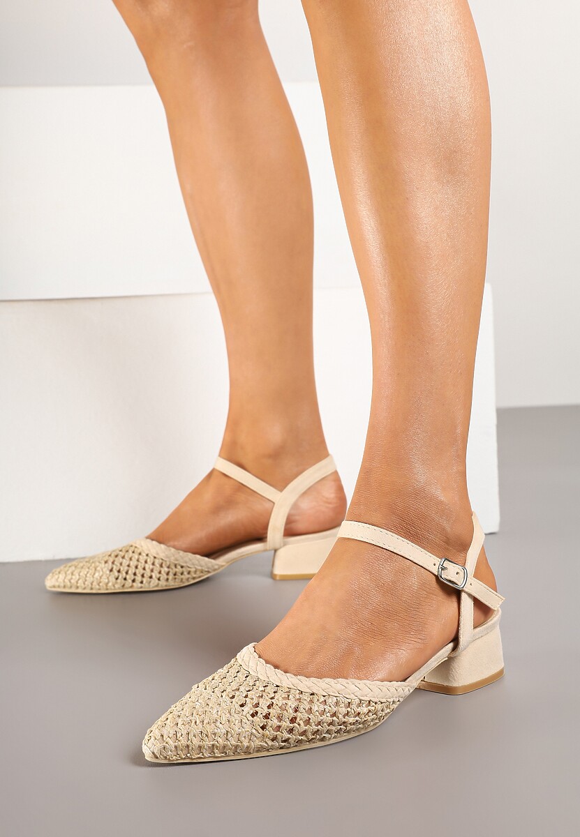 Beżowe Siateczkowe Sandały na Słupku Selreti