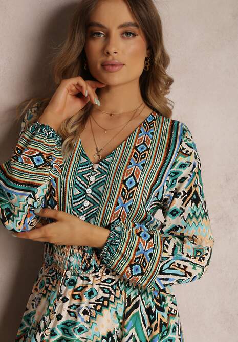 Zielona Sukienka z Gumką w Talii w Etno Wzór Kapha