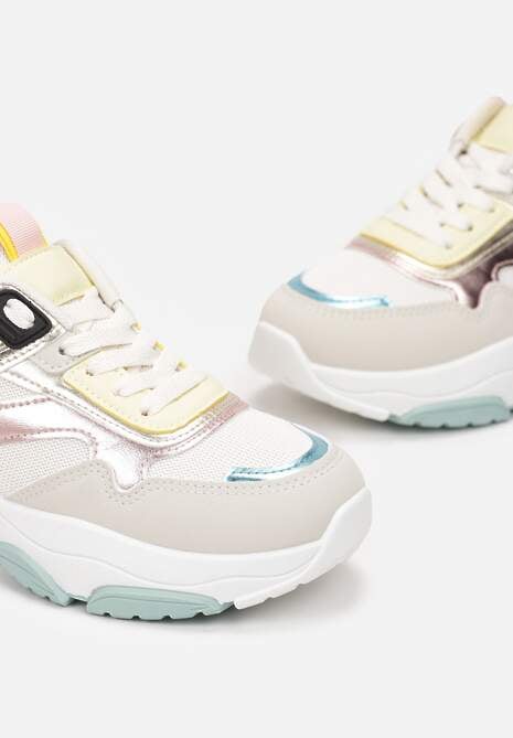 Biało-Złote Sneakersy z Metalicznymi Wstawkami na Grubej Podeszwie Tahara