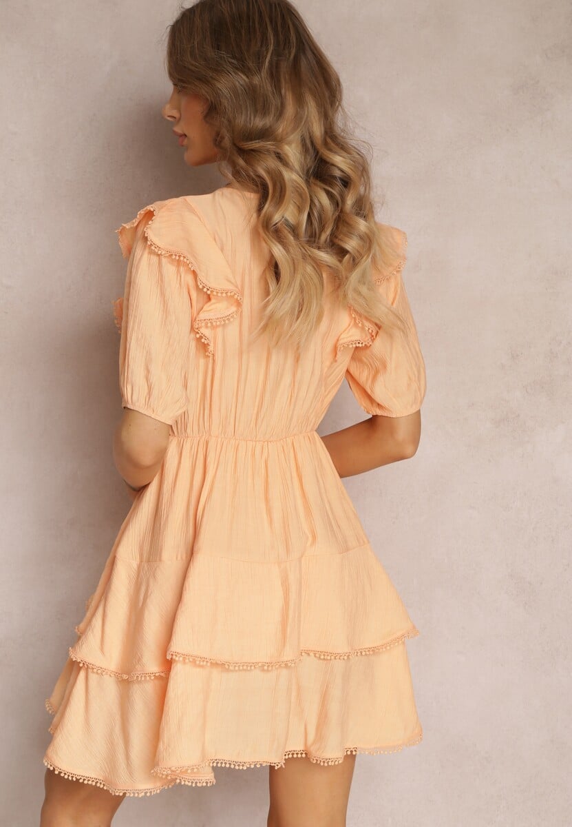 Pomarańczowa Sukienka Mini z Gumką w Pasie i Falbankami Makenza