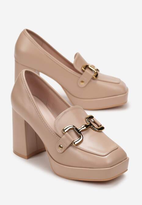 Ciemnobeżowe Czółenka na Słupku z Kwadratowym Noskiem i Ozdobą Fanella