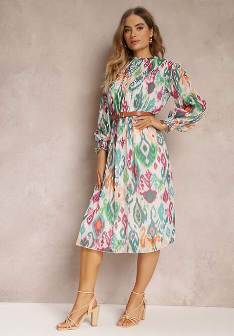 Zielona Rozkloszowana Sukienka z Plisowaniem i Paskiem Thelosine