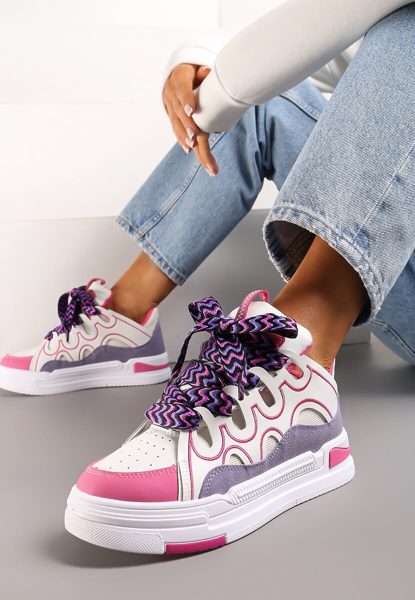 Biało-Zielone Sneakersy na Platformie z Grubymi Kolorowymi Sznurówkami Adrianu