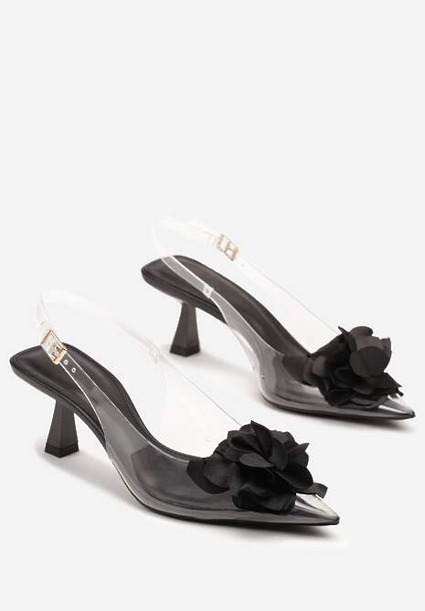 Czarne Przezroczyste Sandały na Obcasie Typu Kaczuszka z Kwiatem Nalaniela
