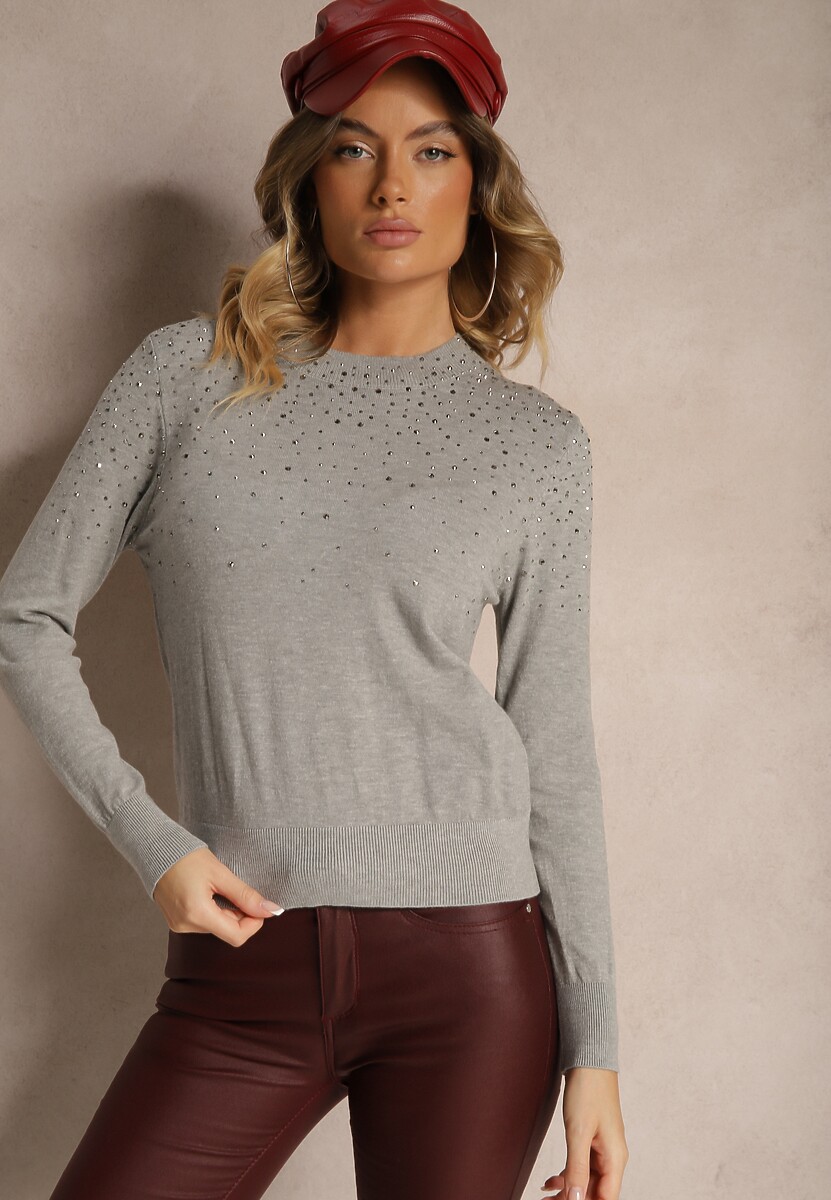 Szary Casualowy Sweter z Wiskozą z Ozdobnymi Detalami z Cyrkonii Edaloriae
