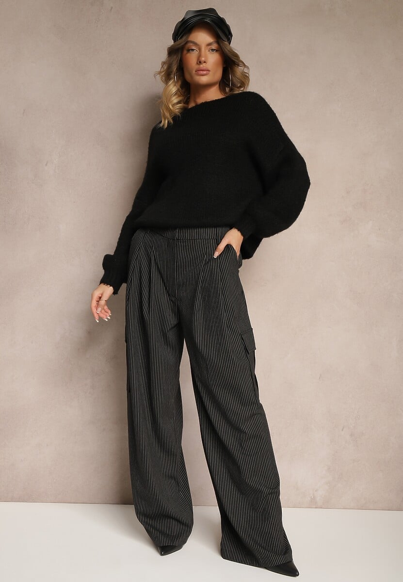 Czarne Garniturowe Spodnie z Wiskozą o Szerokim Kroju Zdobione Wzorem w Paski Ilista