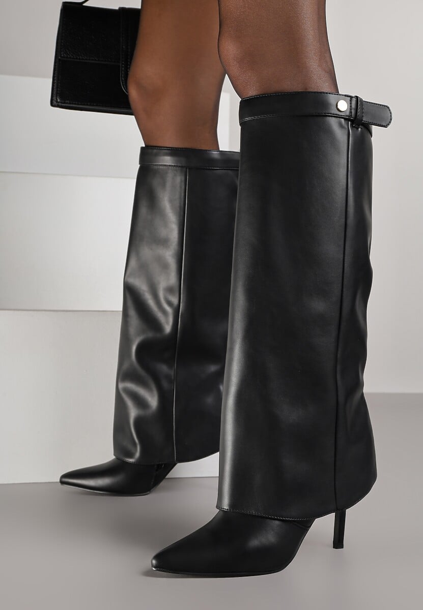 Czarne Kozaki na Obcasie Typu Szpilka z Wywiniętą Cholewką Lavemesse