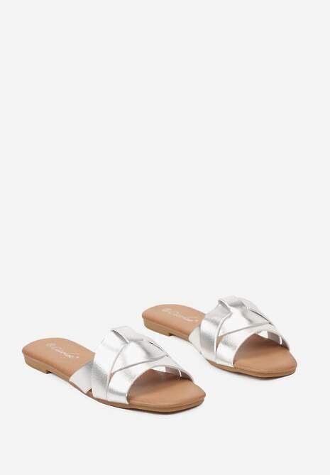 Srebrne Klapki na Płaskiej Podeszwie z Przeplatanymi Paskami Vinera