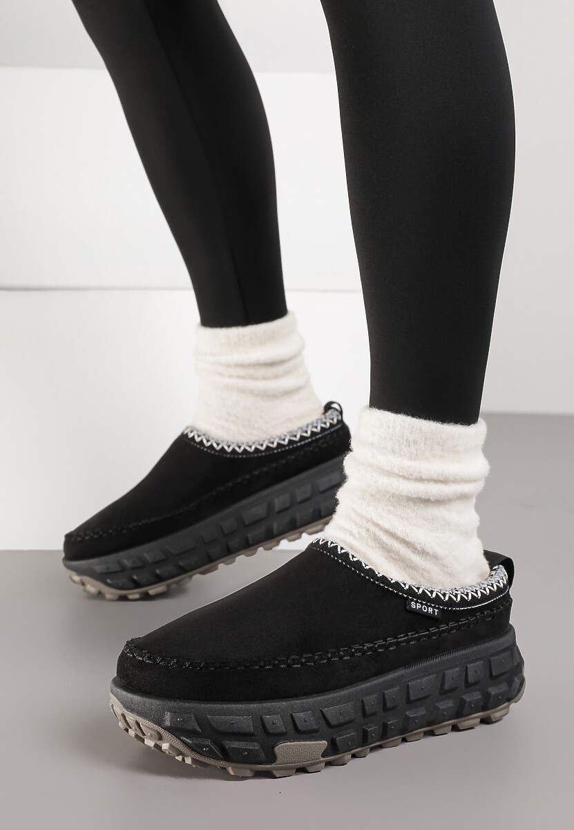 Czarne Śniegowce na Platformie z Tłoczeniem i Niską Cholewką Violova