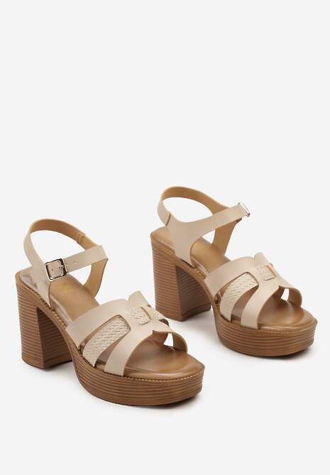 Beżowe Sandały na Platformie i Słupku z Ekoskóry ze Sprzączką i Wycięciami Riklada