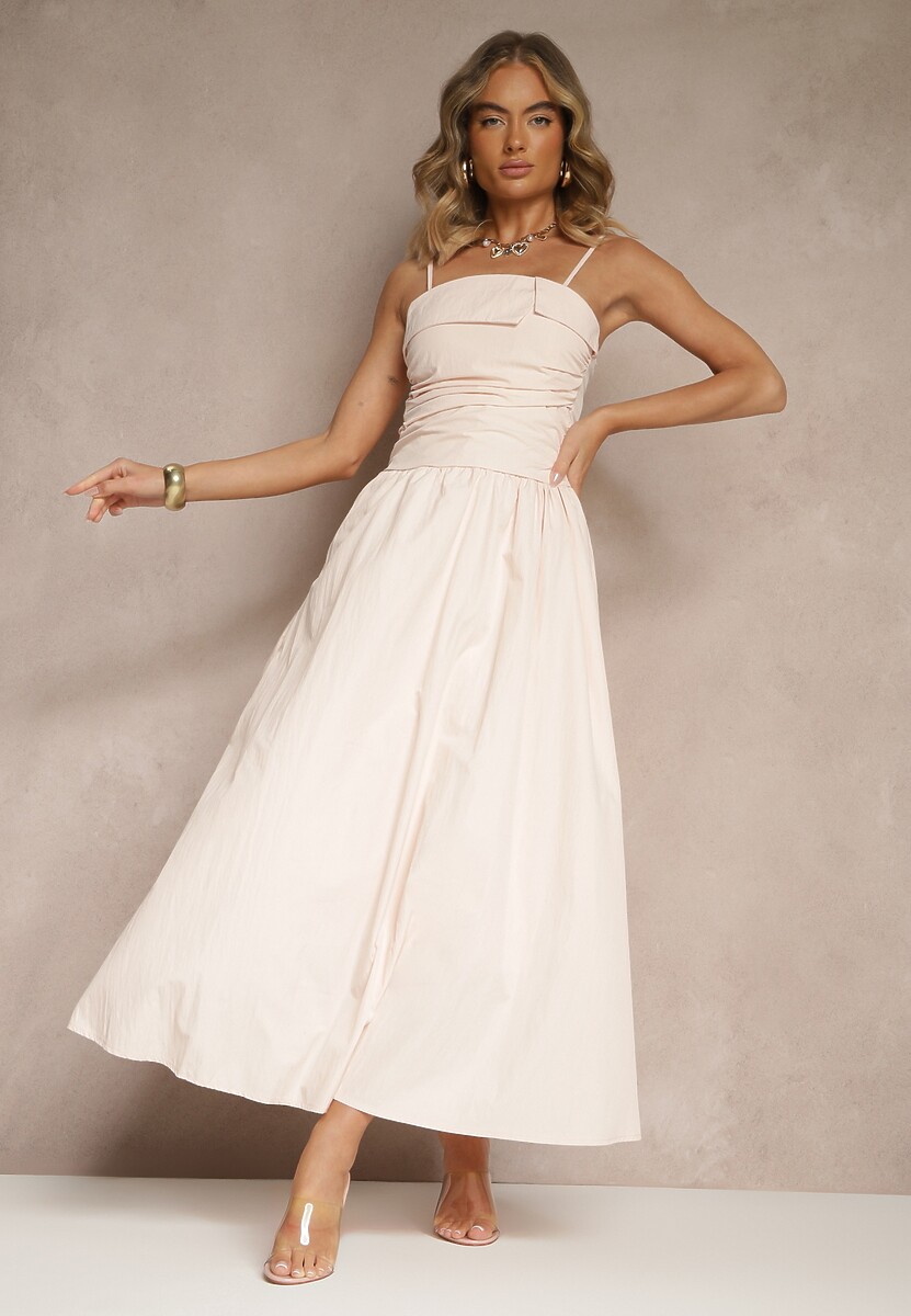 Różowa Sukienka z Wiskozy z Bawełną Ozdobiona Zakładką Atellana