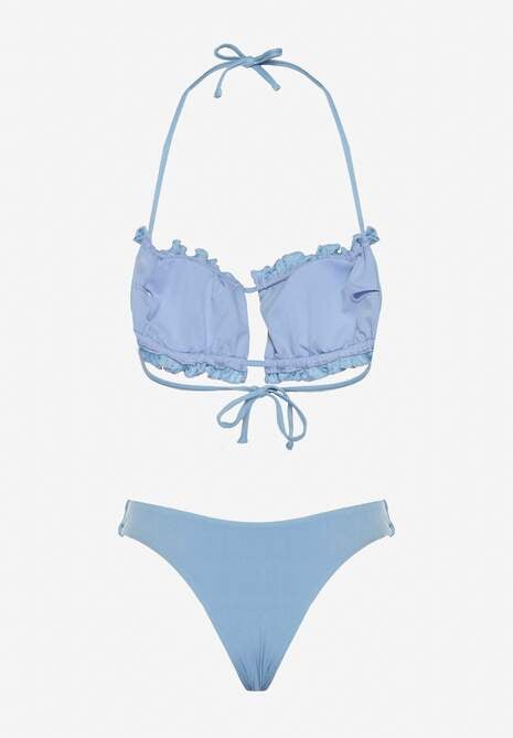 Jasnoniebieskie Bikini Majtki Figi Biustonosz z Wiązaniem Ozdobiony Marszczeniem Folinira
