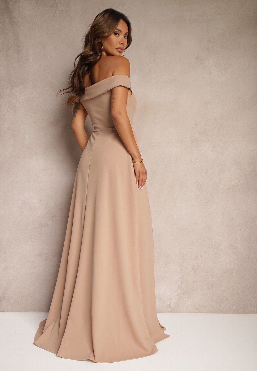 Ciemnobeżowa Elegancka Długa Sukienka Hiszpanka Wykończona Rozcięciem na Dole Idelia