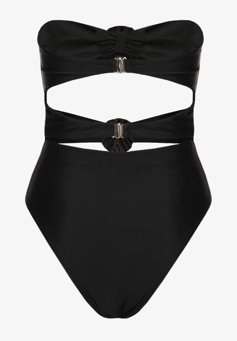 Czarny Strój Kąpielowy Jednoczęściowy Bez Ramiączek z Aplikacją Kwiatu Nansilah