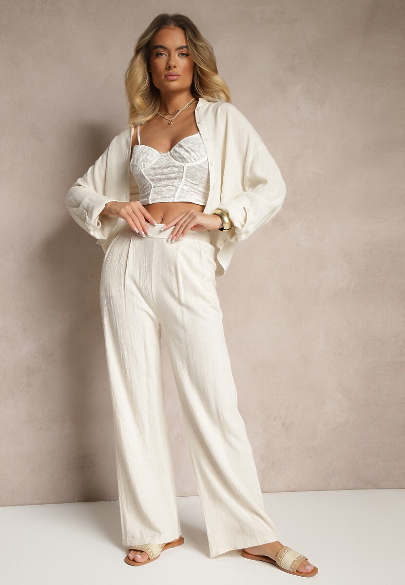 Beżowe Spodnie z Lnem i Bawełną o Szerokim Kroju High Waist Sallieta