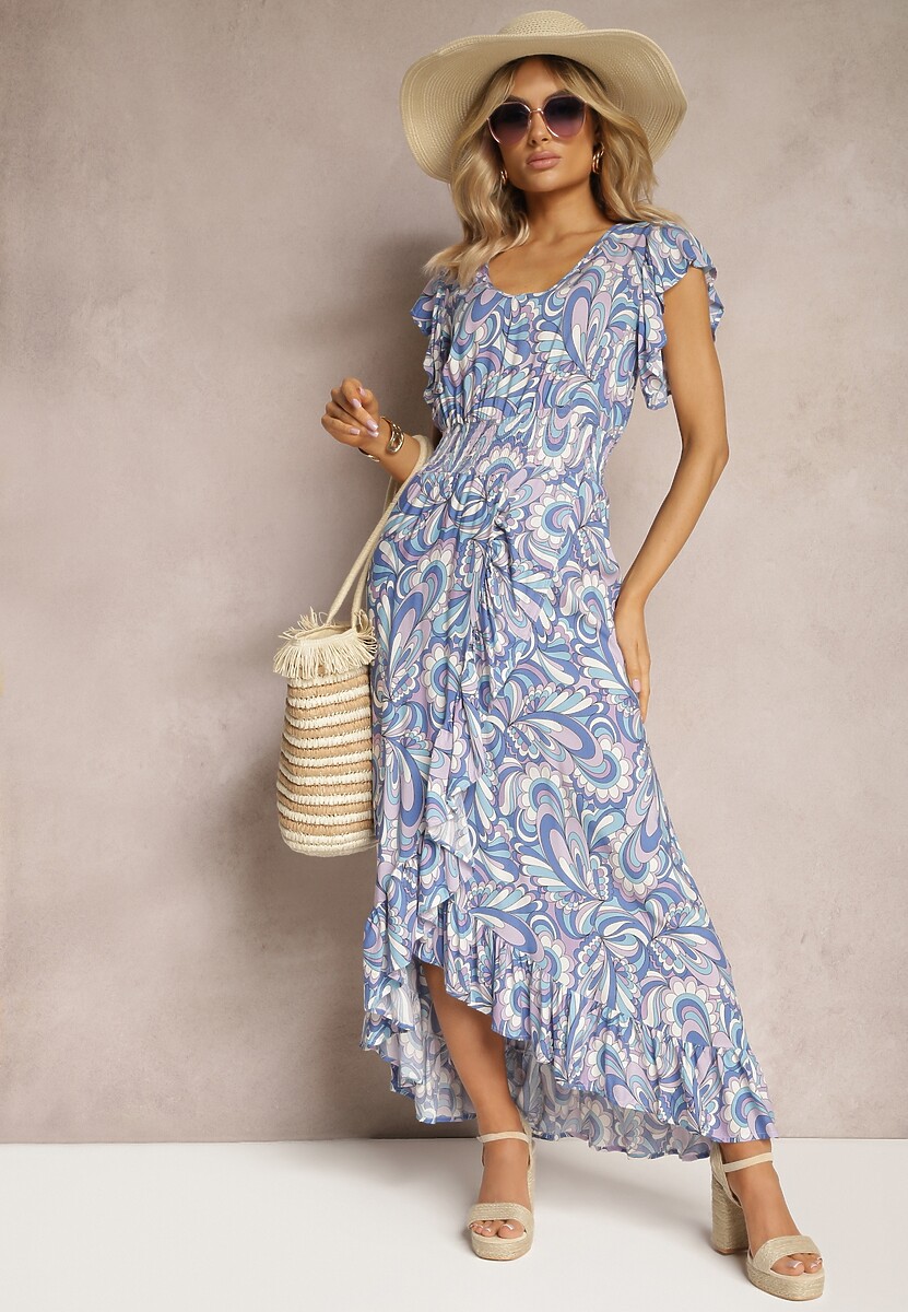 Niebieska Sukienka Boho z Gumką w Pasie i Asymetrycznym Dołem z Wiskozy Anorissa