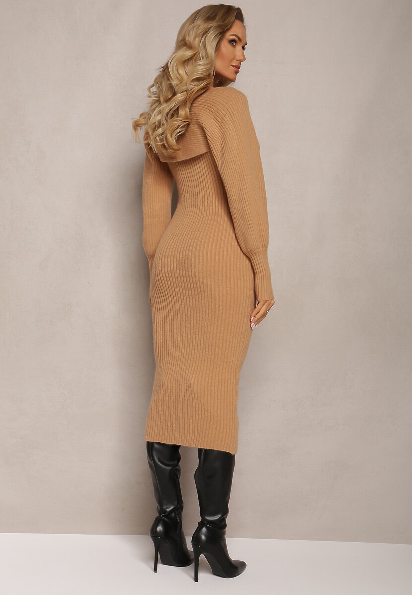 Beżowa Sukienka Midi z Prążkowanego Materiału z Bolerkiem i Bufiastymi Rękawami Divanoir