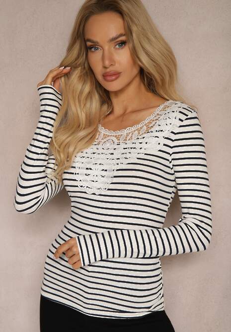 Biała Bluzka z Prążkowanego Materiału w Paski z Koronką Irinima