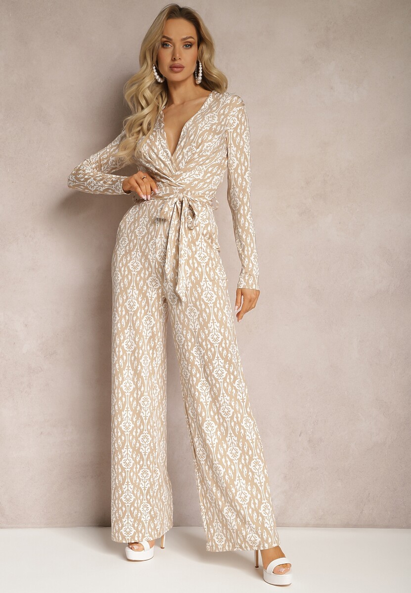 Beżowy Kopertowy Kombinezon z Paskiem w Talii i Ozdobnym Wzorem Mirannda