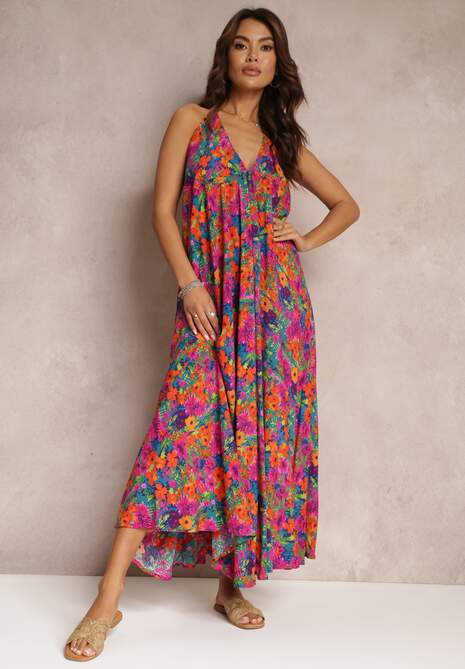 Różowa Kwiecista Sukienka Maxi z Wiskozy z Wiązaniem na Szyi i Plecach Lunka