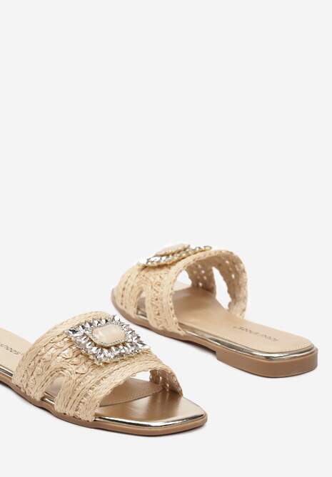 Beżowe Klapki z Imitacji Skóry z Paskiem Ozdobionym Kamieniami Allmina
