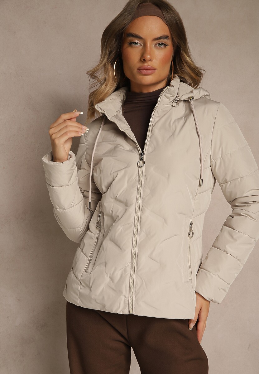 Ciemnobeżowa Pikowana Kurtka Przejściowa z Kapturem z Możliwością Odpięcia Olantta