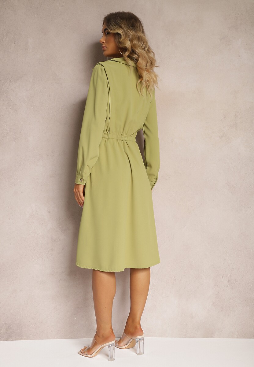 Jasnozielona Koszulowa Sukienka z Gumką w Pasie i Materiałowym Paskiem Giseria