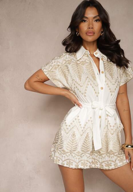 Biały Kombinezon z Bawełny z Kołnierzykiem i Paskiem Zdobiony Haftem Zarinorie