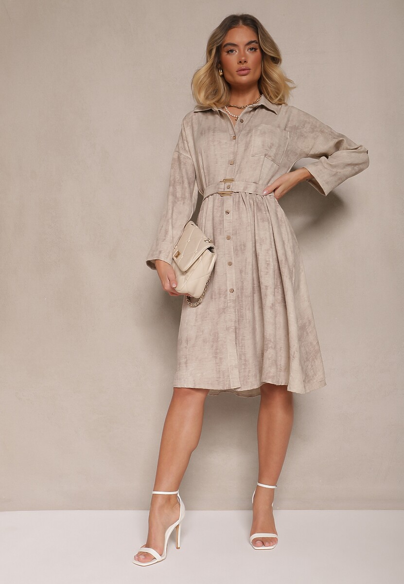Beżowa Sukienka Koszulowa z Paskiem z Klamrą i Kieszonką Parmio