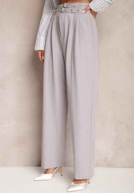 Szare Spodnie High Waist w Stylu Garniturowym z Paskami i Klamerkami Daklena