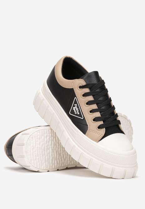 Czarne Trampki na Platformie z Przeszyciami i Sznurowaniem Anaiza