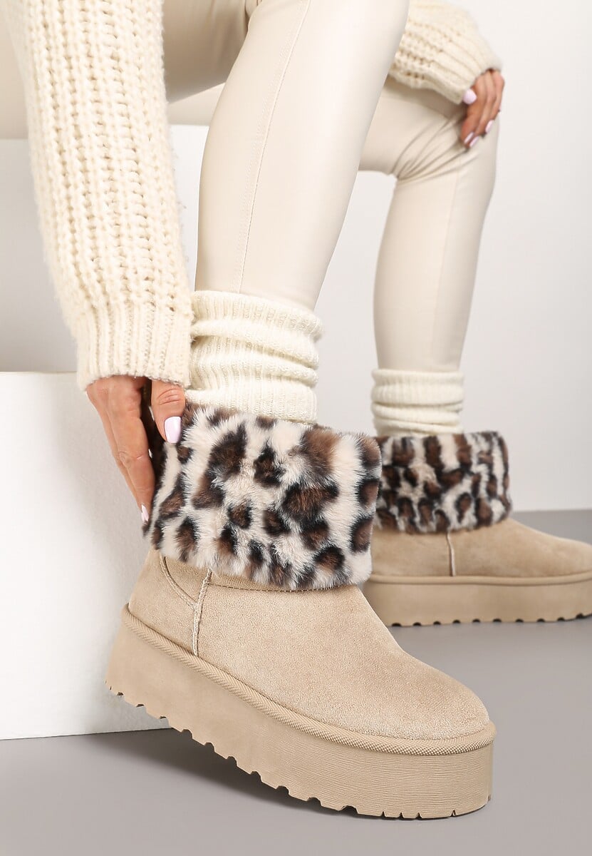 Beżowe Śniegowce z Imitacji Zamszu na Platformie z Futrzaną Cholewką w Panterkowy Wzór Reanithra