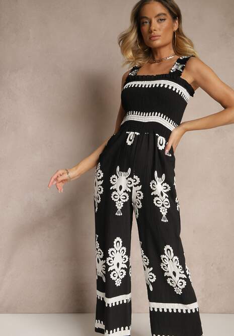 Czarny Kombinezon Wide Leg z Wiskozy na Ramiączkach Zdobiony Etnicznym Wzorem Melriti