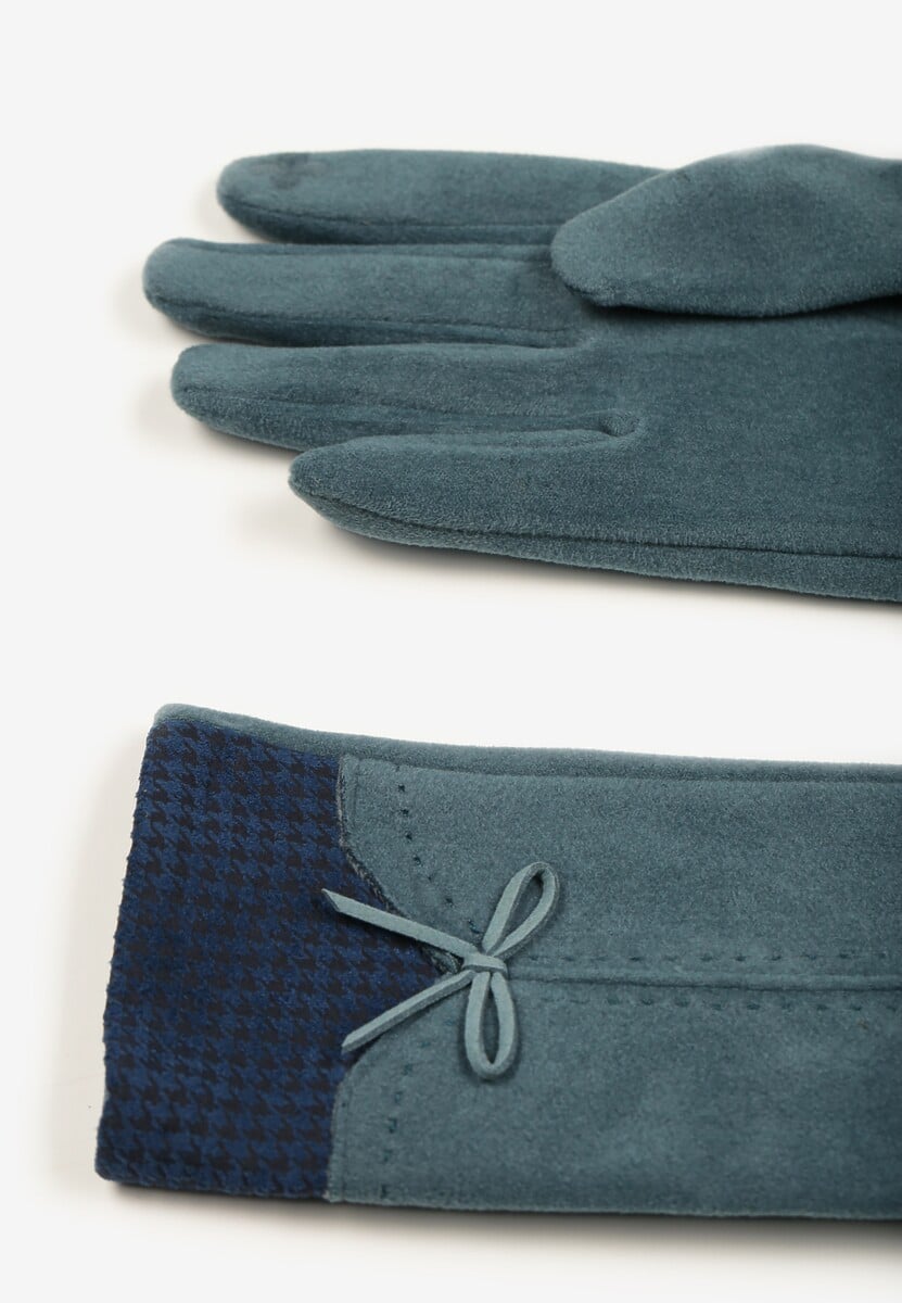 Jasnoniebieskie Rękawiczki z Bawełną Cyrkoniami i Kokardką Adelirra