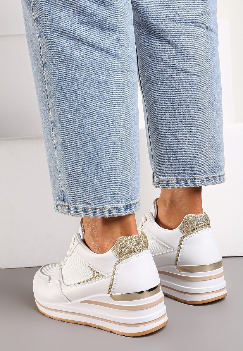 Białe Sneakersy na Niskiej Platformie ze Wstawkami Brokatowymi Gwenoa