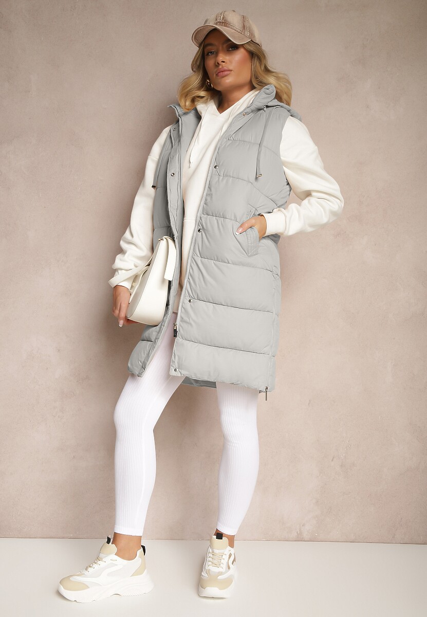 Zielona Kamizelka Pikowana z Kapturem Ozdobiona Sznurkami Eleandra