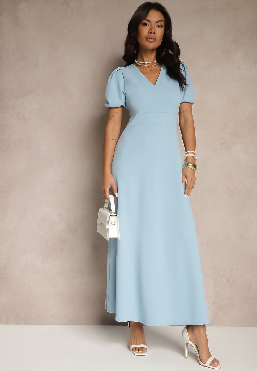 Czarna Rozkloszowana Sukienka z Lekko Bufiastymi Rękawami i Dekoltem V Efrusae